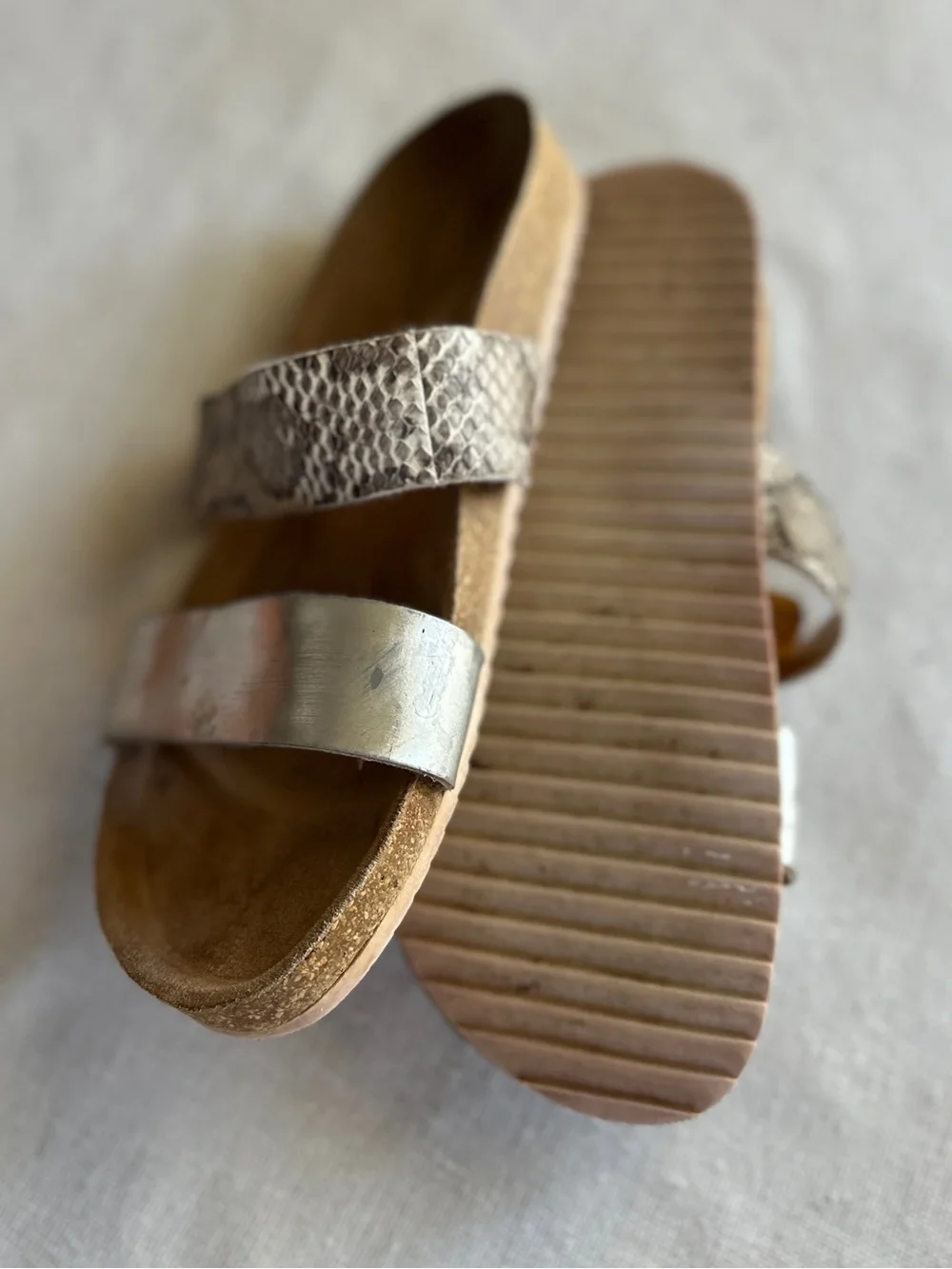 Loeffler Randall Paz Two-Strap Snakeskin & Metallic Slide Sandals | 8